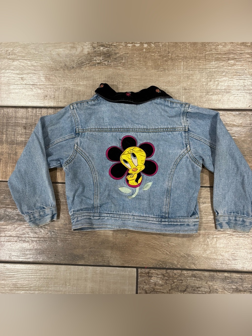 Looney Tunes Tweety Bird Kids Size 6/6X Jean jacket Velvet Trim 1990’s Vintage